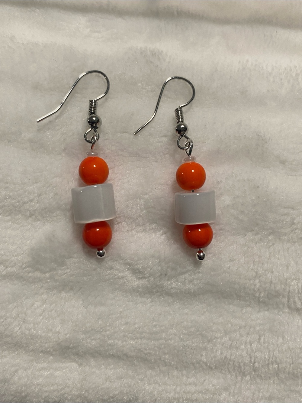 Orange and White Beaded Drop Earrings with Silver Hooks